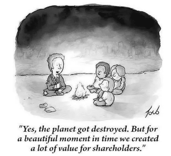 4Real Milk The Greater Good. Around a campfire in a dystopian future sits a group of people. One of them, in a tattered and frayed business suit, is saying 'Yes, the planet got destroyed. But for a beautiful moment in time we created a lot of value for shareholders'